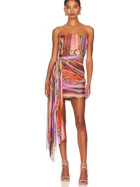 Elliatt Nala Strapless Multicolor Marble-Print Mini Dress with Side Drape Size L